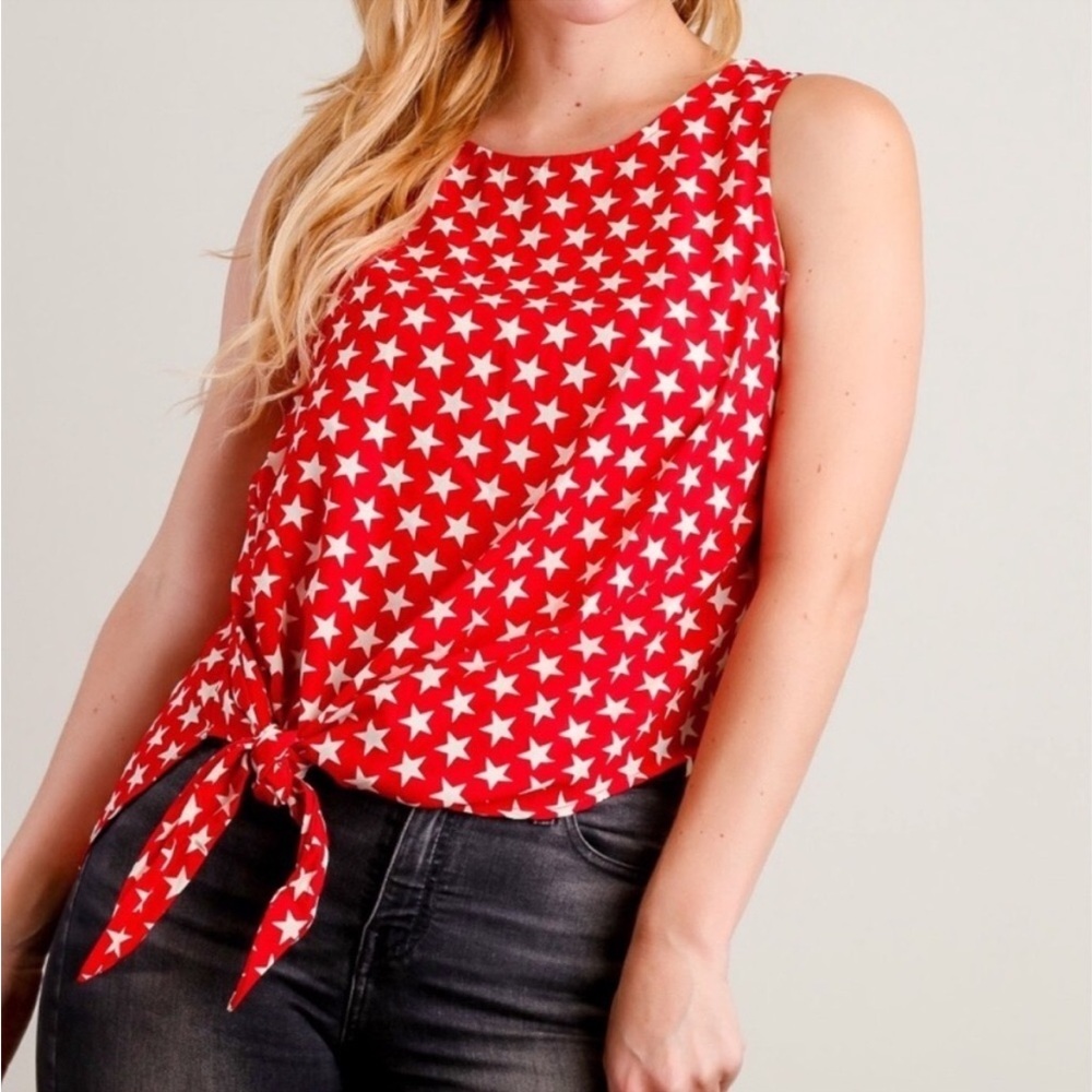 Peach Love California Red Blouse Tie Hem Stars Sleeveless Tank Top Small NEW